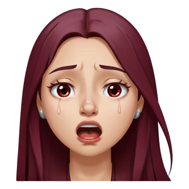 emoji of girl crying hysterically with tears dripping down eyes with maroon dark long hair in a middle part with straight nose hazel eyes medium perfect eye brows with  a nose ring silver on the right nostril  sticker