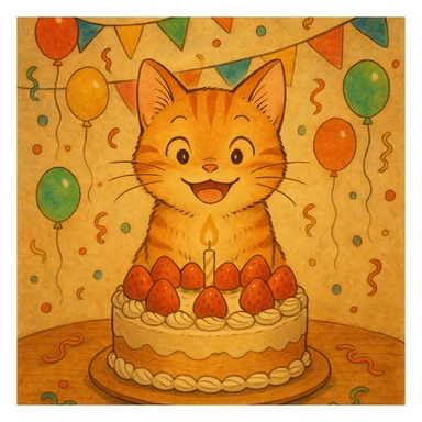 ginger tabby kitten with birthday cake, festive decorations, happy expression, ghibli style birthday scene sticker