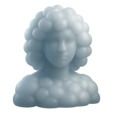 person looking straight, made entirely of very voluminous white fluffy convex clouds, shoulder length, matte glass style, no background sticker