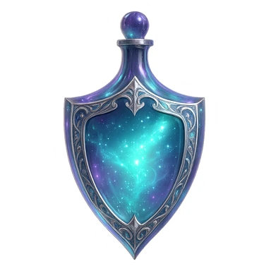 modernus prabangus eliksyro buteliukas, skydo forma, elegantiška spalvų gama, holografiniai ir sidabriniai ornamentai, stiprūs magiški švytėjimai ir efektai, labai mažas kaklelis, skaidrus fonas, vientisas dugnas, be šešėlio, plūduriuoja ore, kolekcijos stilius sticker