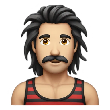 male with long black mane, long moustache and striped black and red tank top sticker