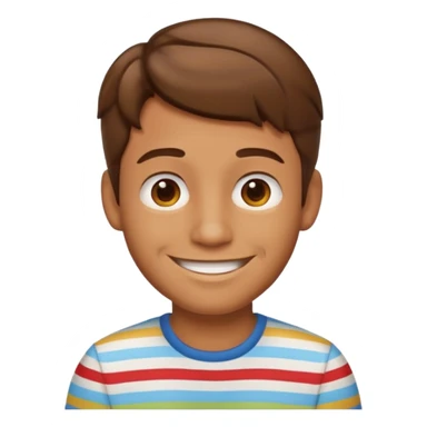 “Cartoony emoji avatar man, tanned skin, short wavy hair, wearing a striped shirt, smiling, clean turquoise background.” sticker