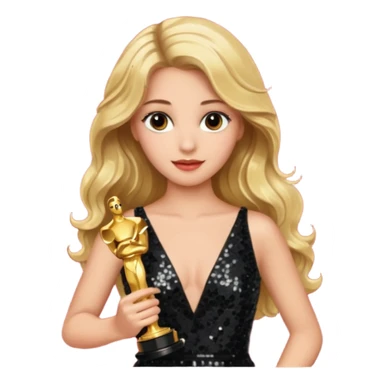 blonde model, brown eyes, long wavy hair, oscars red carpet, black sequin, holding oscar sticker