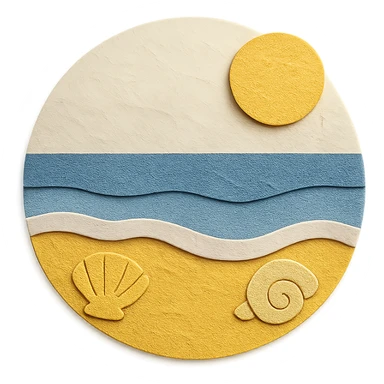 view of the ocean from the beach with sand, shells, and gentle waves, yellow and white sticker