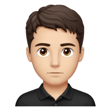 He’s a man with light to medium skin, a defined oval face, full brows, deep-set eyes, and wavy short dark brown tall hair styled with height, sides are trimmed. muscular. expression calm and focused relaxed black polo shirt. polished, articulate, and coach vibe. sticker