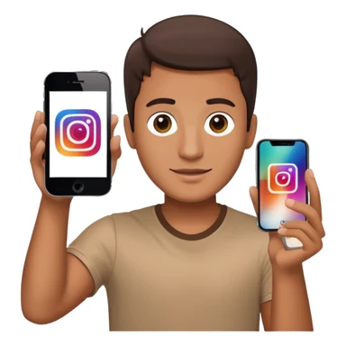 A man in frontal view holding up one iPhone toward the camera. The screen of the iPhone clearly displays the Instagram logo, brightly illuminated.  sticker