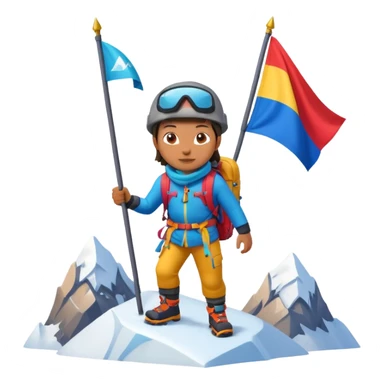A 3D cartoon mountaineer standing on a snowy Everest-like summit with a flag, wearing colorful climbing gear, soft lighting, Memoji-style. sticker