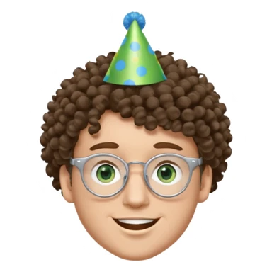 A white guy with curly brown hair and green eyes with a happy face, and wear square glasses.He’s also got a full silver birthday party hat on his head with blue pom poms on top of it, and his T-shirt is all black, he wears a little gold circle earrings on his left  sticker