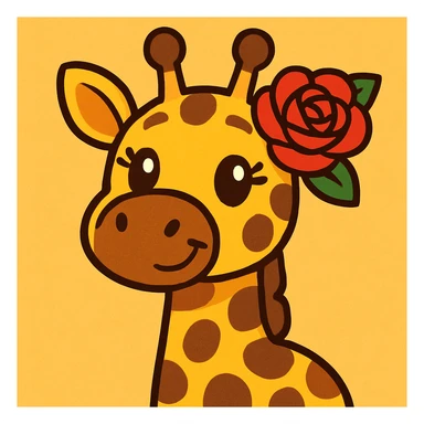 a cute giraffe with a red rose behind her ear, playful cartoon style sticker
