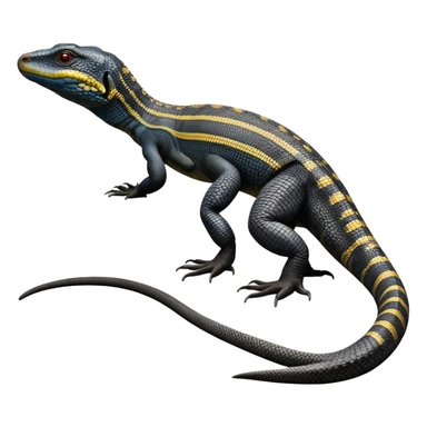 cinematic-monitor-lizard-realistic-full-body-standing on all fours-emoji,-long-powerful-tail-dragging-slightly-behind,-sleek-scaled-body-textured-with-rich-patterns and stripes,-head-tilted-dramatically,-dark-intense-eyes-observing-its-surroundings,-simplified-yet-realistic-focused-features,-highly-detailed,-glowing-with-an-almost-sarcastic-glow sticker