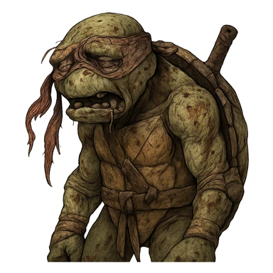 very old ninja turtle, battered and bruised, torn mask, cracked shell, missing teeth, looking exhausted after a tough fight, expressive and detailed sticker