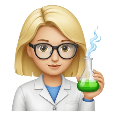 Eine hellblonde Chemikerin mit Kittel, großer Labor-Sicherheitsbrille und typischem Erlmeyerkolben in der Hand sticker