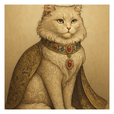 fancy cat, elegant, detailed, intricate patterns, regal pose, luxurious fur, ornate accessories, in a sophisticated style sticker