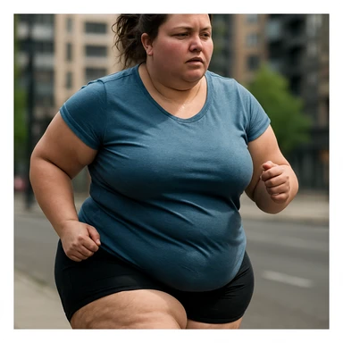 overweight woman running outdoors, stubborn fat on legs and thighs, hyper realistic 4K style, realistic details, urban background sticker