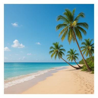 serene paradise scene with a peaceful beach, palm trees, and clear blue skies sticker