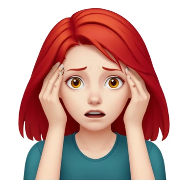 A realistic waist-up portrait of a frightened woman with her hands on her head and red hair sticker