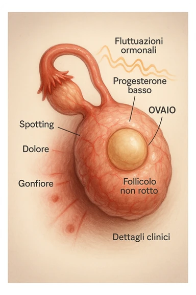 realistic and cinematic illustration of an ovary with an unruptured follicle, low progesterone, hormonal fluctuations, symptoms of spotting, pain and swelling, clinical details, captions in Italian sticker