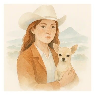 portrait of a cowgirl woman wearing a cream shirt and cognac jacket, freckles, tanned skin, hazel eyes, auburn hair, holding a beige chihuahua in her arms, blurred background of Tenerife, watercolor style sticker