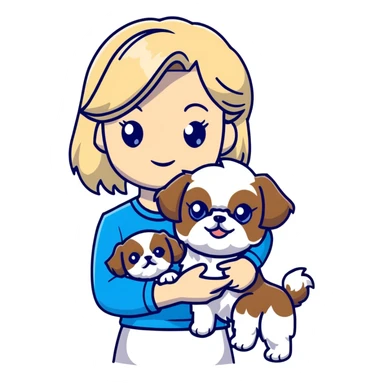 White blond girl with long hair and blue eyes holding a small female shih tzu dog sticker