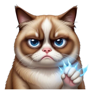 Cinematic Meme-Worthy Grumpy Cat meme Portrait Emoji, Head held high but eyes filled with dramatic disappointment, soft brown fur , white paws planted firmly in defiance, signature grumpy cat frown perfectly etched on its face, icy-blue eyes radiating pure disapproval, Simplified yet hilariously over-exaggerated features, highly detailed, glowing with an aura of supreme annoyance, high shine, exhausted yet judgmental, stylized with an almost regal pettiness, bright but brooding, soft glowing outline, capturing the essence of a feline that has seen it all and is thoroughly unimpressed, so meme-worthy it feels like it could instantly become the next viral sensation of grumpiness! sticker
