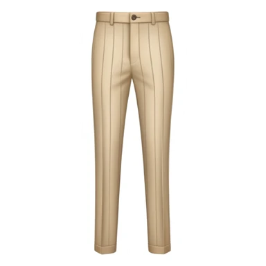 only the garment, beige dress pants with white vertical stripes, formal trousers with cuffed hem, pinstripe pattern, isolated item on white background, no model, no person sticker
