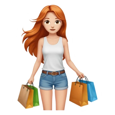 Mujer joven blanca con cabello largo cobrizo vestida con top blanco y short de jean con bolsas de compras sticker
