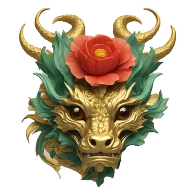 Intricate floral flower red and black and gold and jade dragon face with flowers poppies roses detailed sticker