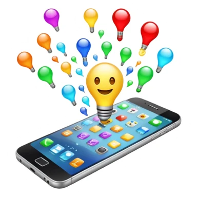 Generate a realistic emoji of a smartphone where a lot of things like data, ideas, inventions and creative stuff coming out of it. Whats coming  out of it spreads in the air  sticker