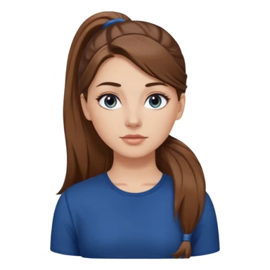 pretty white girl brown long hair makeup ponytail  on left shoulder, dark blue shirt sticker