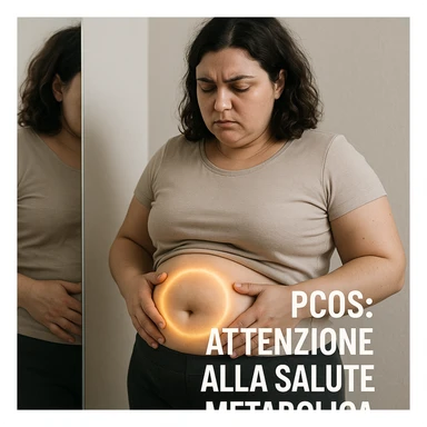 close-up of a woman with PCOS looking at her bloated belly in the mirror, serious expression, glowing halo on the abdomen, Italian text: 'PCOS: attenzione alla salute metabolica', neutral background, 4K quality sticker