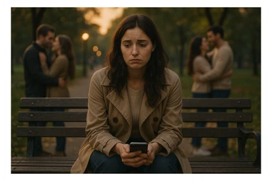 a woman sitting alone on a bench, looking sad and longing, holding a phone, surrounded by couples in the background, conveying she can't find love sticker