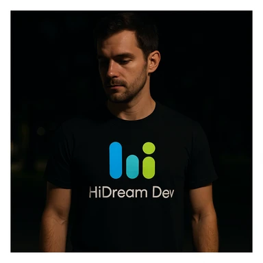 man wearing tshirt with this logo, dark night background with dim  sticker