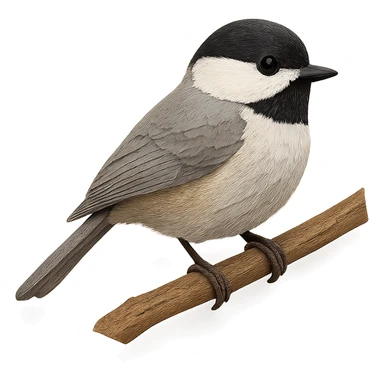 very detailed Carolina Chickadee perched on a tree branch, intricate cut paper textures, soft gray and white feathers, black cap and bib, subtle buff sides sticker