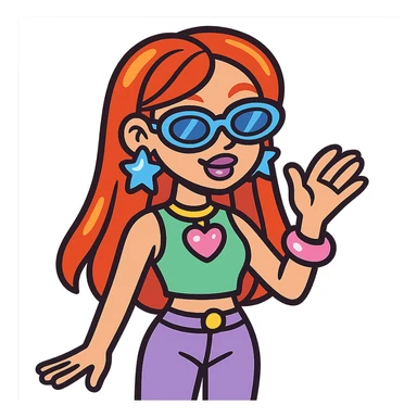Y2K style girl with red hair, shiny accessories, pastel colors sticker