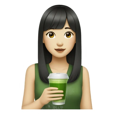 Asian girl with long hair, light skin, dark eyes, and bangs drinking matcha   sticker