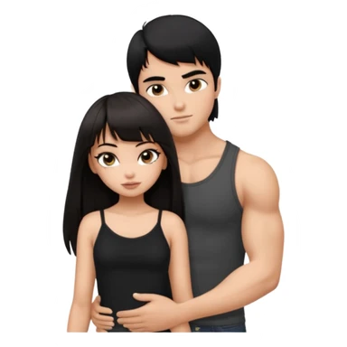 generate a pretty bratz girl in black cami top, dark brown straight long hair with bangs, eyeliner on, 

hugging a handsome muscular boy with black hair and a grey tshirt sticker