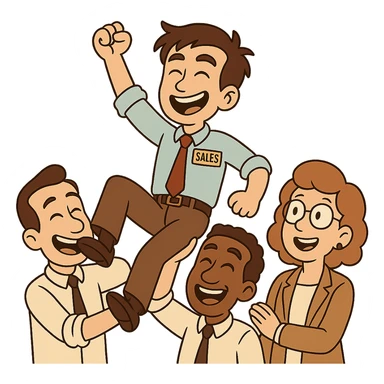 Edit the cartoonish office celebration scene to make all people white/pale European/Slavic. Keep the junior sales official in business attire being lifted up by coworkers. Maintain the cartoonish office celebration style with a transparent background. sticker