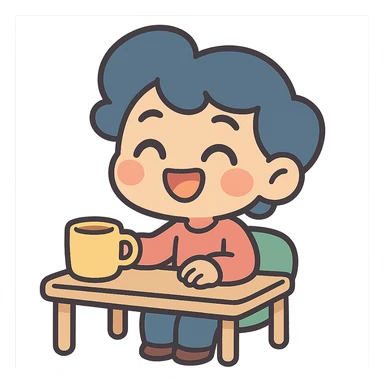 chibi character at a desk with a coffee mug, cheerful expression, pastel colors, cozy vibe sticker
