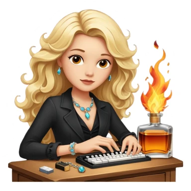A sketchnote illustration rendered in a strong moody style, featuring a blonde woman with cascading gorgeous hair, a keyboard, a whiskey bottle, a key, a jewelry box, and fire elements against a black background. The lighting is low with low contrast, emphasizing dramatic shadows. sticker