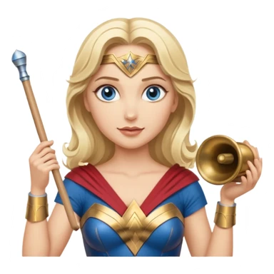 Blonde blue eyed Wonder Woman holding white orchestra conductor’s baton and bell sticker