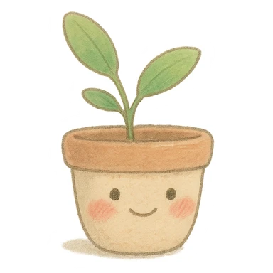 tiny pastel plant pot, Japanese soft hand-drawn, full object, with blushing cheeks sticker