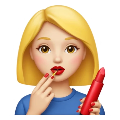 classic yellow round emoji face applying lipstick, simple features, lipstick in hand, playful expression sticker