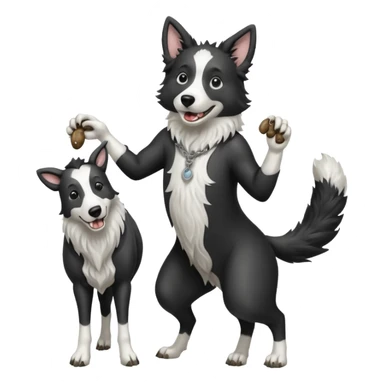 A black and white border collie werewolf, standing on her hind legs, holding a cow's hoof. sticker