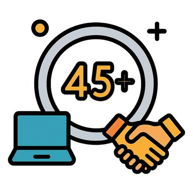 silver ring with number 45+ in center, surrounded by small icons of laptop and handshake, representing opportunities for older professionals, friendly professional style sticker