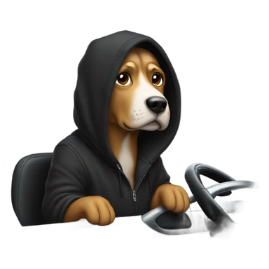 Person wearing black hoodie with dog on it draving a car  sticker