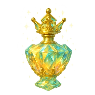premium class crystal elixir bottle shaped like a crown, pastel gradient of yellow, orange, and green, lots of shine, facets, ornaments, golden details, magical effects, very small golden neck, transparent background, beautiful merging base, clearly floating in air, no base or shadow, very luxurious, interesting design, fits a collection sticker