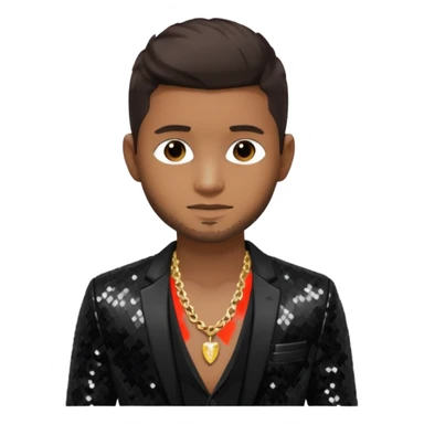 Usher with dark brown hair, black sequin suit jacket, shirtless with necklace sticker