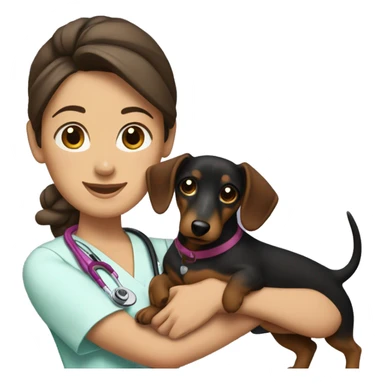 Brunette woman with a top knot wearing scrubs holding a dachshund in her arms sticker