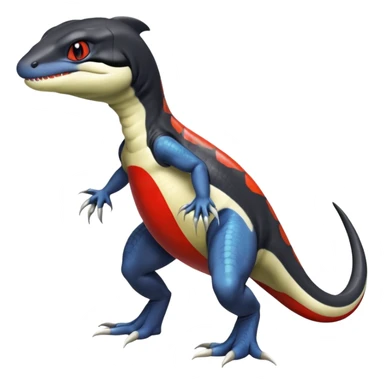 Black and white Orca-hybrid-reptile-reptilian-lizard-skink-gecko-Digimon-Fakémon-Pokémon-fusion-hybrid full body, two legs, two arms, claws, anthropomorphic, with red stripe sticker