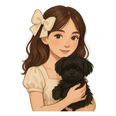 brown haired beautiful girl with a coquette hair accessory and a cute black Maltese dog sticker